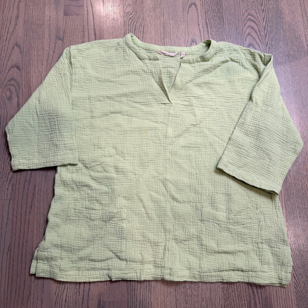 Soft Surroundings Gauze Tunic Top 3/4 Sleeve V Neck Light Green Women's L